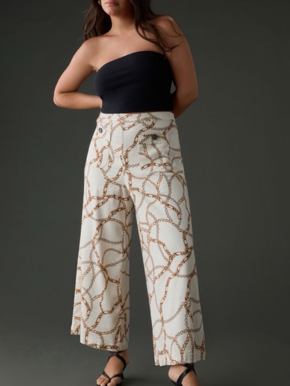 Maeve Ivory Chain Printed Palazzo Side Zip Cropped Pants Size 14